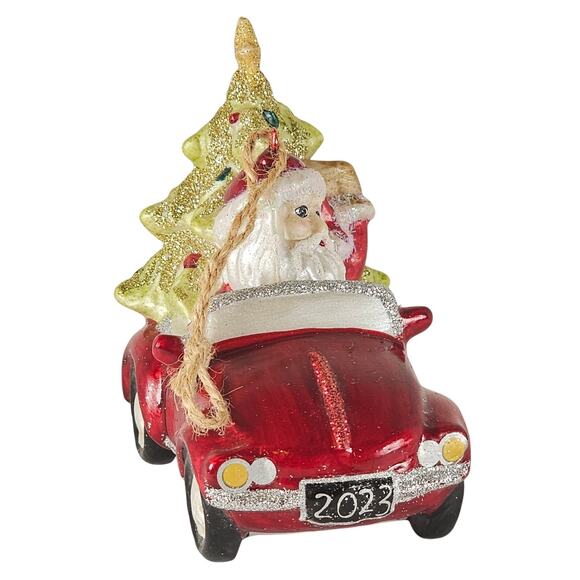 Santa in Red Convertible Car Ornament w/ Christmas Tree 2023 Glitter Holiday - Picture 3 of 14